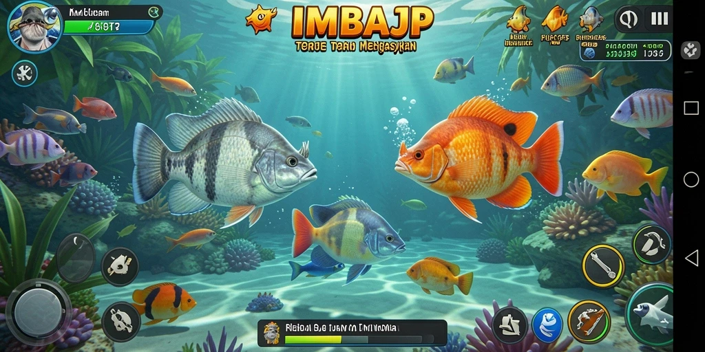 Screenshot utama IMBAJP menampilkan aksi seru tembak ikan.