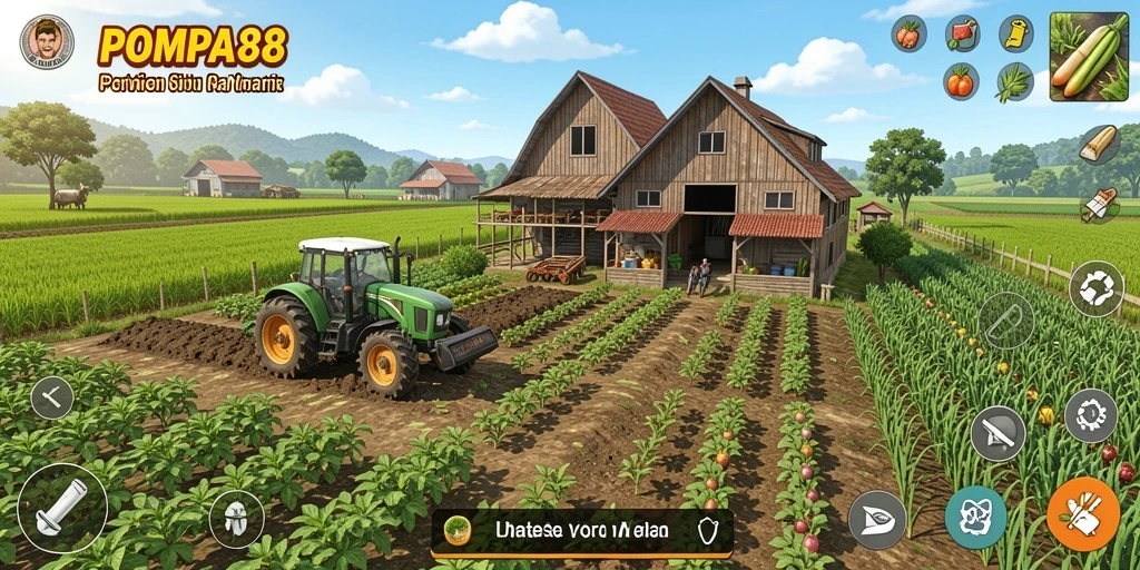 Tampilan gameplay POMPA88 dengan ladang yang subur dan hewan ternak.