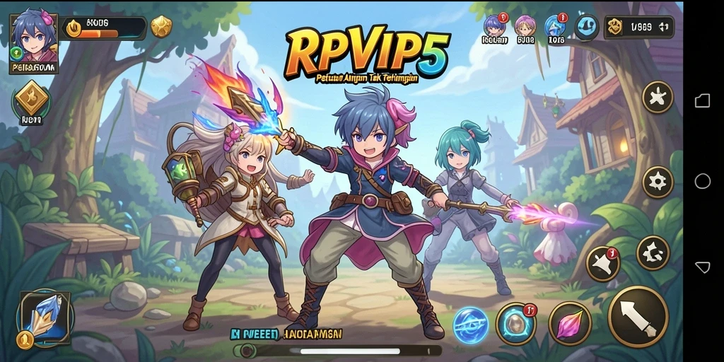 Screenshot gameplay RPVIP5 menampilkan aksi karakter anime yang memukau.