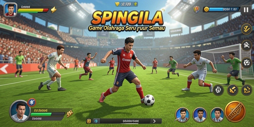 Screenshot utama SPINGILA menampilkan momen seru dalam permainan olahraga.