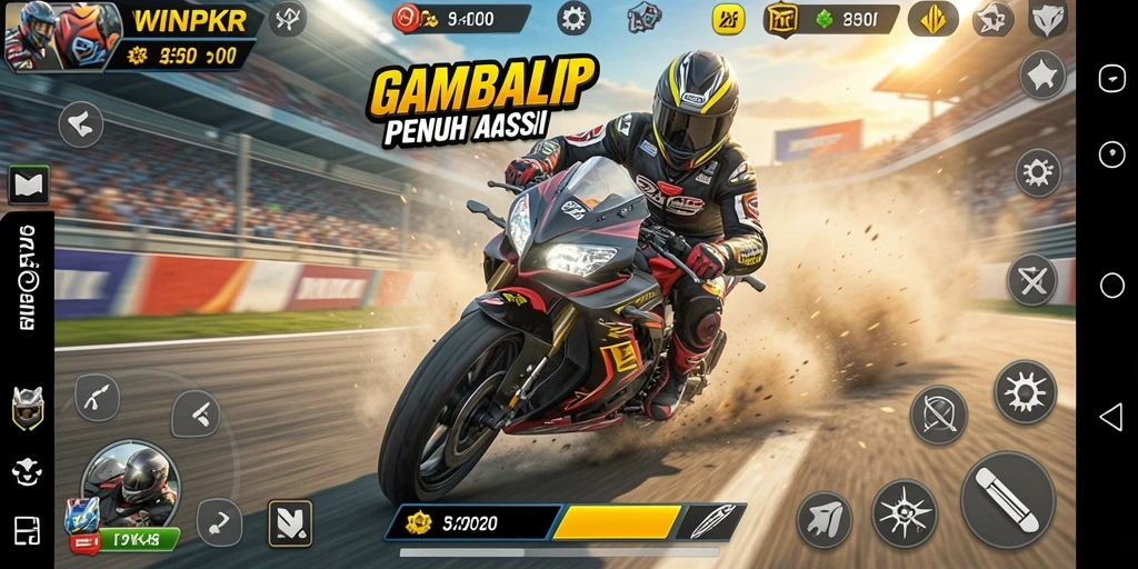 Tangkapan layar gameplay <strong>WINPKR</strong> yang menunjukkan aksi balap motor yang seru.